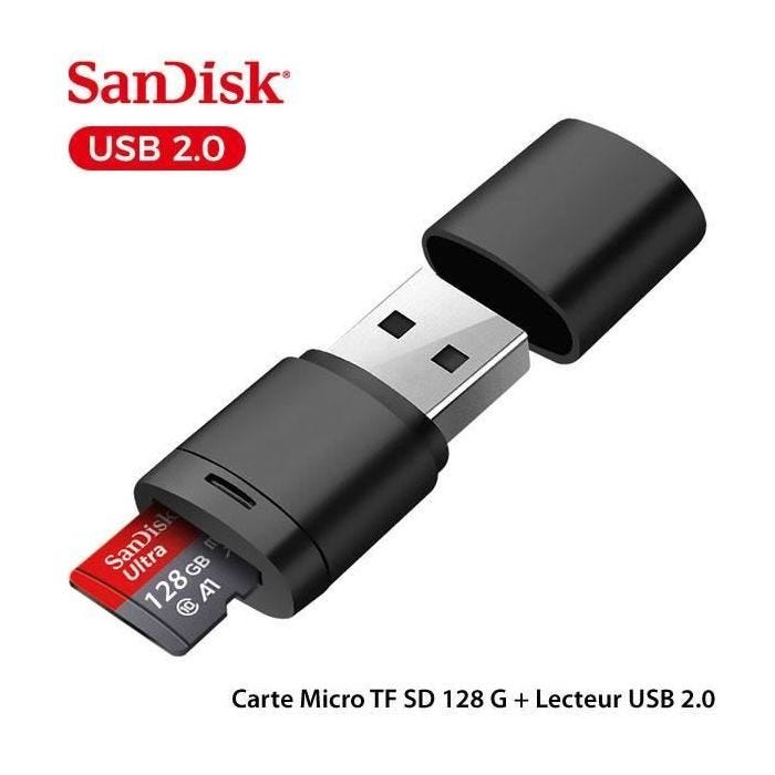 Carte Micro TF SD classe 10 SanDisk 128 G + Lecteur USB 2.0 - originale, carte mémoire pour Smartphone Tablette Caméra Surveillance