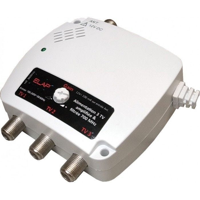 Alimentation Amplifiée Filtrée 220 / 12V ELAP 360016 - 50mA Pour Préamplificateur TV, 3 Sorties TV + Filtre 5G LTE 700 MHz + Réglage