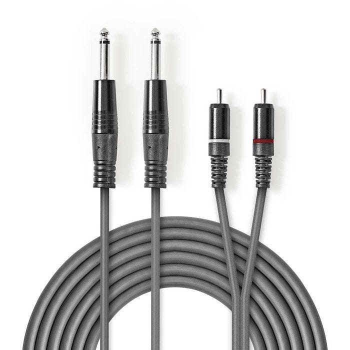 Câble Audio Stéréo HQ 2x 6,35 mm Mâles - 2x RCA Mâles 1,5 m Gris