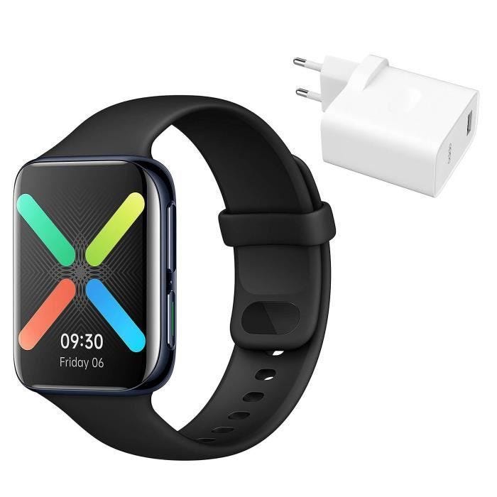 Description courte : Smartwatch OPPO Watch (46 mm / Noir) avec écran AMOLED 1.91', NFC/Bluetooth 4.2, et chargeur rapide VOOC 4.0 30