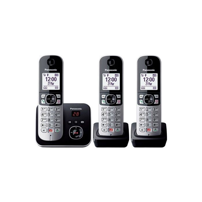 Téléphone Fixe sans Fil Trio Panasonic KX-TG6863 Noir/Argent, Écran LCD, Répondeur, Mains Libres, Blocage d'Appels Indésirables