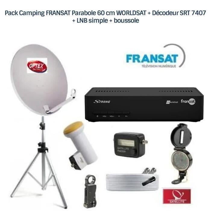Pack Camping FRANSAT Parabole 60 cm WORLDSAT + Décodeur SRT 7407 + LNB simple + boussole