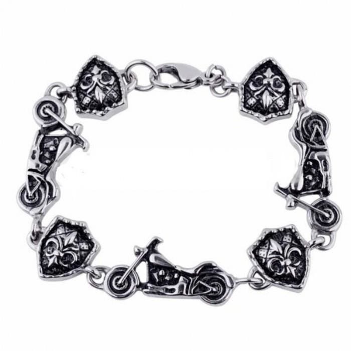 Bracelet - Inox - Moto et Blason Fleur de Lys - 21 cm - Argenté - Femme
