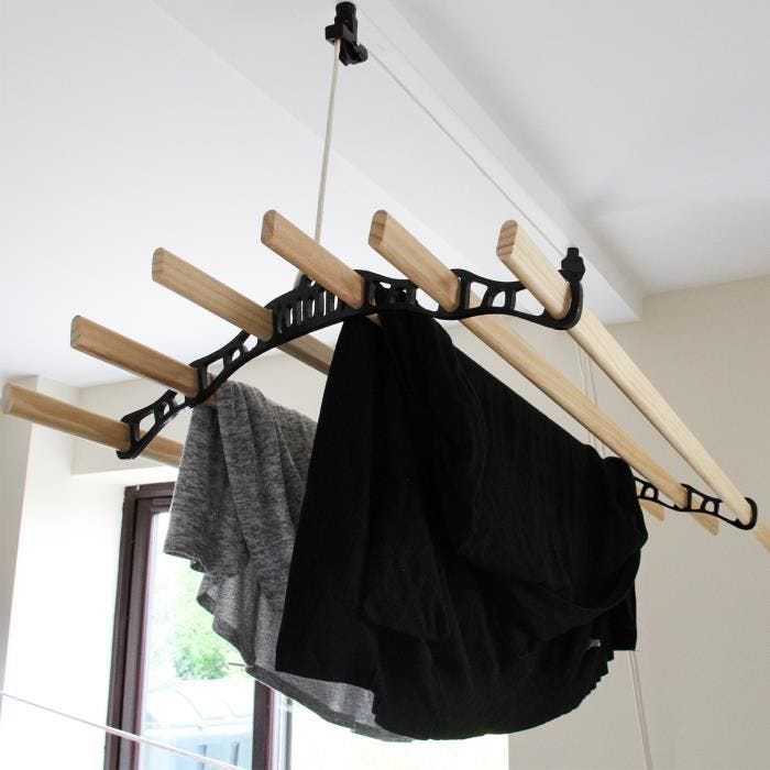 Etendoir à Linge Suspendu de 1,8 Mètre, 6 Lattes en Pin, Supports et Poulie Noir