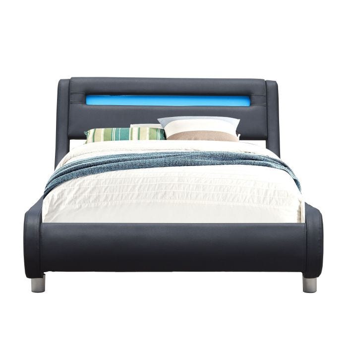 Lit simple en placage MDF massif 90x190 - - Sommier lattes 13 lattes - Tte de lit incurve NOIR
