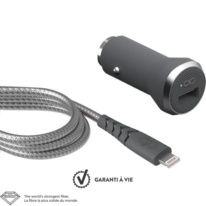 Kit chargeur voiture rapide et câble 1.2m renforcé USB/Lightning C89 Force Power