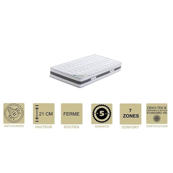 Matelas face de contact Mmoire de Forme 62 Kg-m3 90x190 cm epaisseur 21 cm Ferme Oreiller Visco - 7 Zones de Confort - Noyau Aertech
