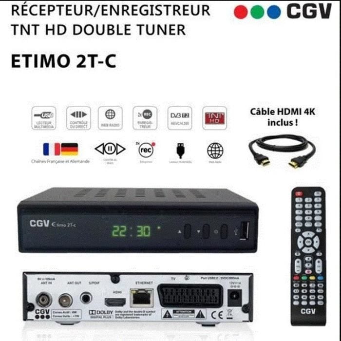 Décodeur TNT HD Double Tuner CGV Etimo 2T-c - Réception des chaînes de la TNT Française & Allemande
