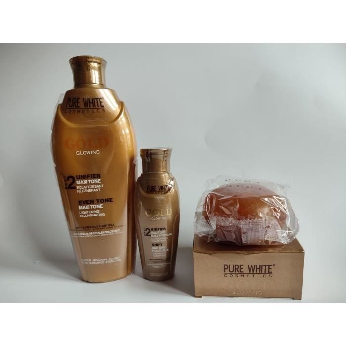 Mini gamme pure white gold lait 400ml, l'huile et savon très éclaircissante
