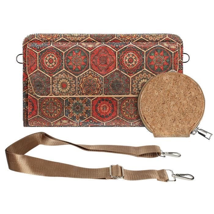 Pochette en Liège - AVIZAR - Bandoulière Triple Poche Magnétique - Motif Hexagonal Multicolore