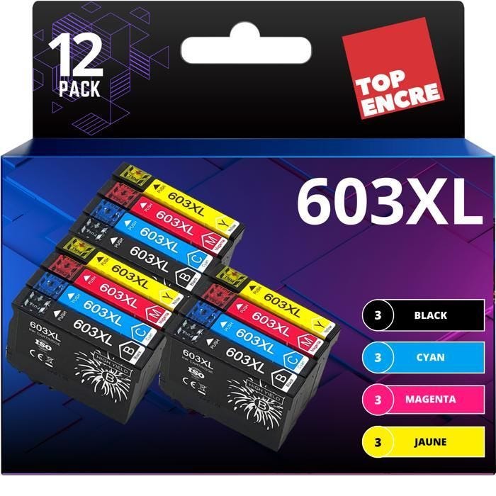 Cartouches d'encre - TOPENCRE - 603XL - Pack de 12 - Haute capacité - Couleurs vives - Compatible Epson