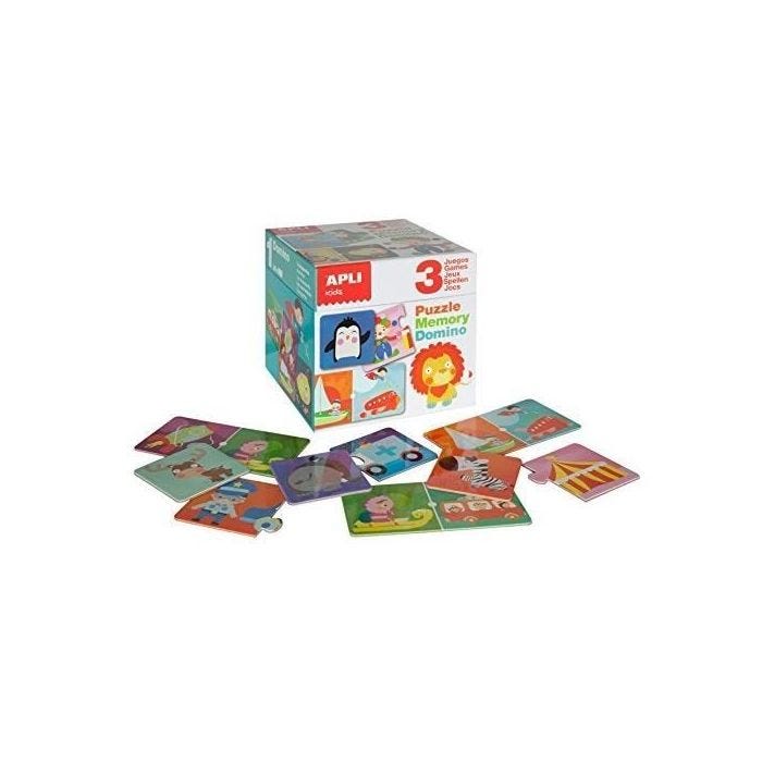 APLI Boîte de 3 jeux Mémory - Domino - Puzzle