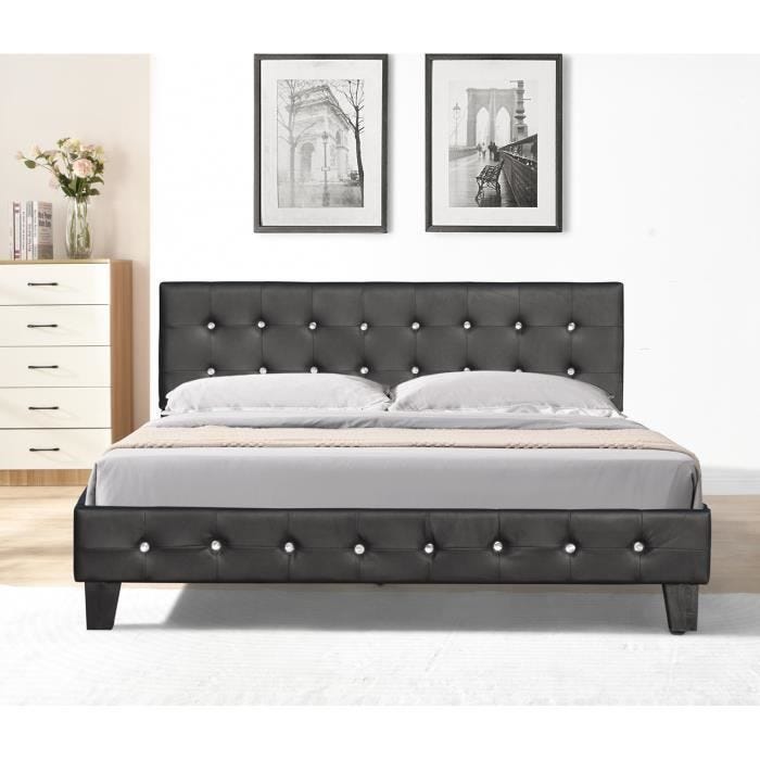 Lit 180x200 cm - Tte de Lit Capitonne Noir - Sommier Lattes 13 Rsistantes - Pieds en 10 cm