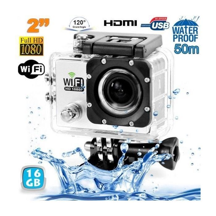 Camera sport wifi étanche caisson waterproof 12 MP Full HD Blanc 16Go