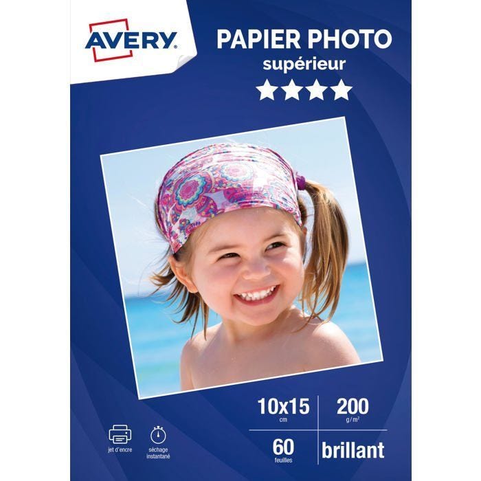 Papier Photo AVERY - Brillant - 60 Photos 10x15 - Compatible Jet d'encre