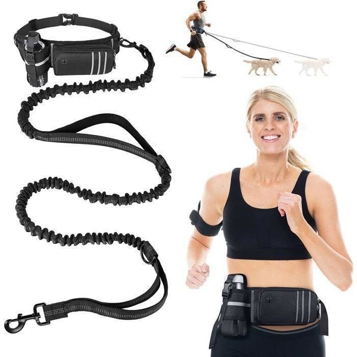 Laisse pour Chien Mains Libres avec Sac de Ceinture, 140-170 cm Laisse Chien de Course, Ceinture Réglable - Noir