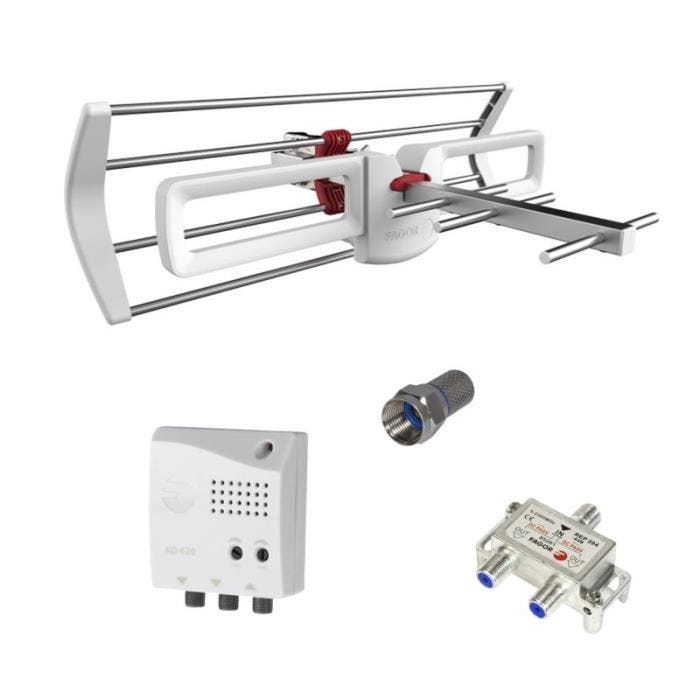 PACK FAGOR Antenne Rateau TNT Mini Gain 12dB LTE 5G + Amplificateur TNT Intérieur 2 Sorties + Répart