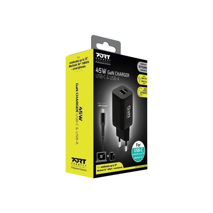 Chargeur Mural - Port Designs - 45W - USB-C Power Delivery - USB-A Quick Charge - Noir