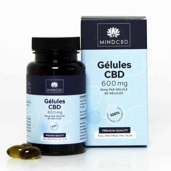 Lot de 2 x 60 Gélules CBD Premium MIND CBD - Full Spectrum 600mg (10mg/gélule). Origines 100% naturelles.