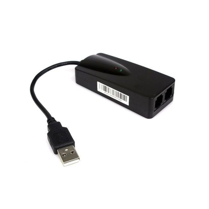 Adaptateur Fax Modem 56K sur port USB avec deux prises RJ11. Chipset CONEXANT