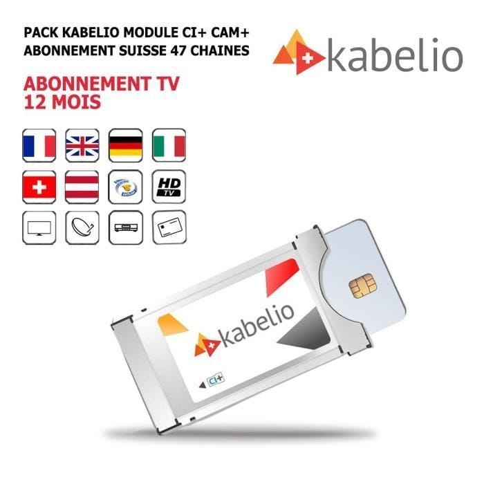 Pack TV Kabelio - HD4K - CI+ Cam - 12 mois d'abonnement - 47 chaînes européennes - Compatible DVB