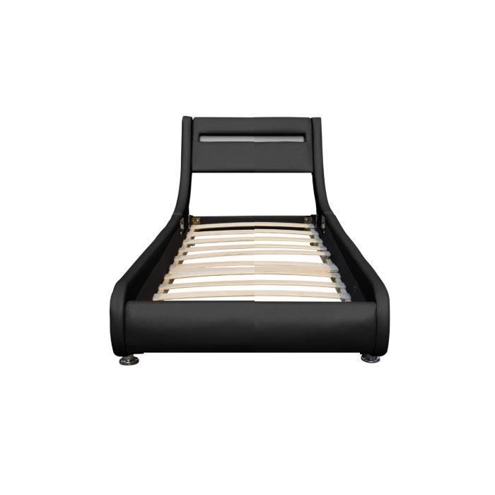Lit - NOIR - 90x190 cm - Sommier à lattes - Tête de lit LED - Design contemporain