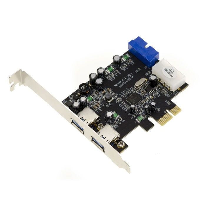 Carte PCIe 2.0 x1 USB 3.0 5G 2 ports externes + 2 ports internes sur connecteur 19 points. Chipset NEC RENESAS uPD720201