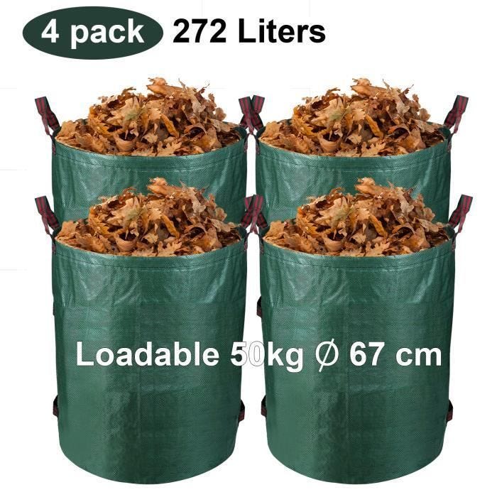 Sacs de Jardin 4x272L, Sacs à Déchets de Jardin, Poubelle de Jardin, pour Les Déchets de Jardin Feuillage de Pelouse Vert