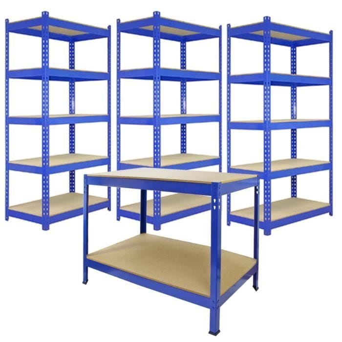 Étagères et établi de travail - Bleu - Lot de 3 étagères - 5 niveaux - Capacité 200 kg - MDF 8 mm