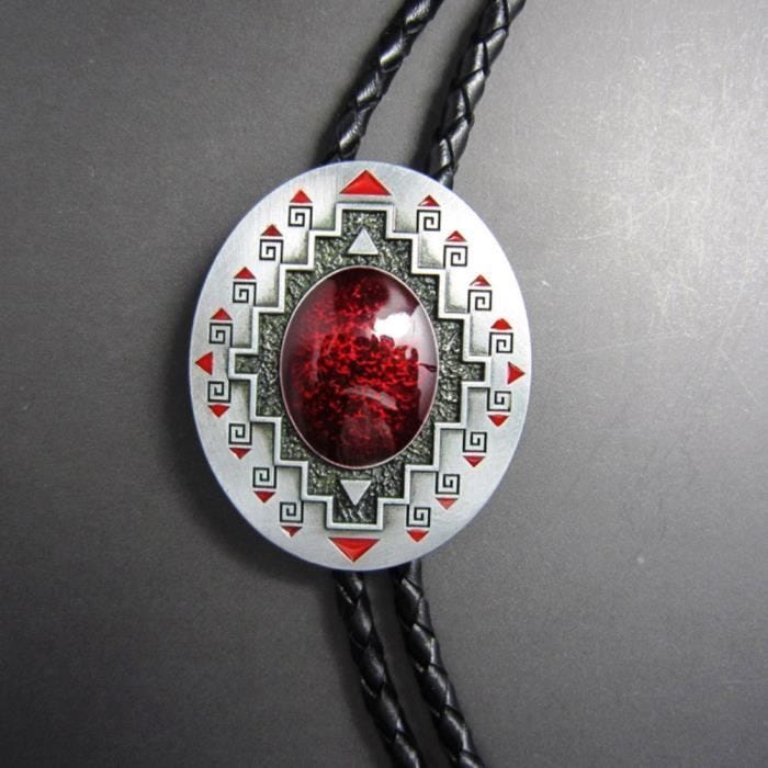 Cravate bolo tie en cuir tressé et pierre rouge - Fan Country