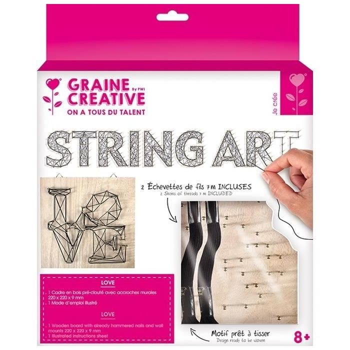 Tableau Love String Art en bois brut 22cm - Graine créative Marron
