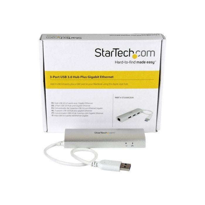 STARTECH Hub USB 3.0 portable - 3 ports avec câble intégré - Concentrateur USB 3.0 plus Gigabit Ethernet - Aluminium