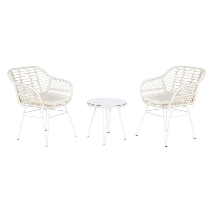 ensemble table + 2 chaises 56 x 57,5 x 82 cm verre métal rotin synthétique blanc