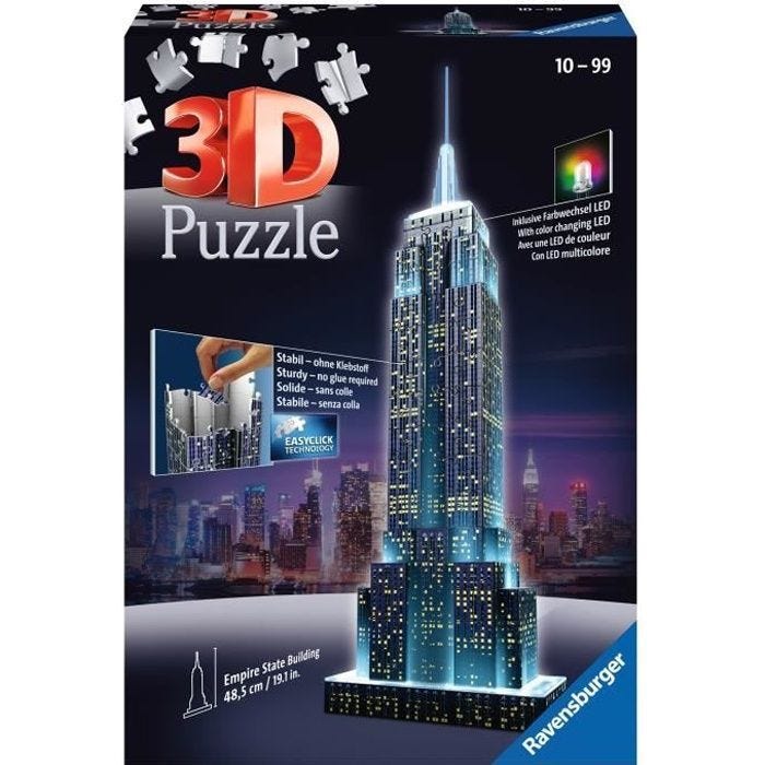 Puzzle 3D Empire State Building illuminé - Ravensburger - 216 pièces - LEDS couleur - Dès 10 ans