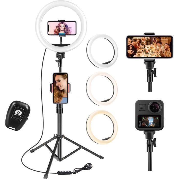 UNI Ring Light avec Trépied 10‘‘Selfie Light Anneau Lumineux 3 Couleur Température