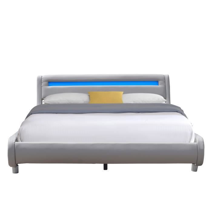 Lit gina pour matelas 140x200 - Sommier Tte de Lit Incurvee Couleur GRIS Pieds en 5 cm - 2 x 13 Lattes - revet