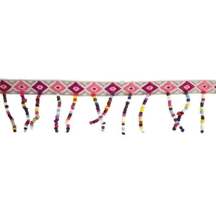 Ruban imprimé rouge Avec pompons et perles de rocaille Larg. 10 mm - MegaCrea DIY Multicolore - Assort.
