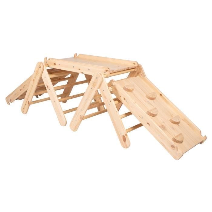 Structure de jeu - Meowbaby® - Deux échelles - 3 toboggans - Mur d'escalade - Bois naturel