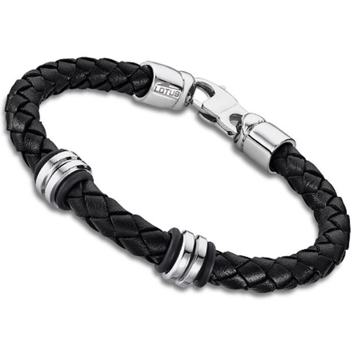 Bracelet - LOTUS - Acier inoxydable - Cuir noir - Longueur 23cm - Homme