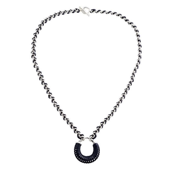 Collier - AGATHA - Sautoir Twiggy - Argenté - Cuir bleu nuit - 65 cm