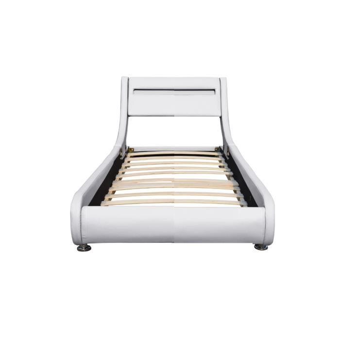 Lit - BLANC - 90x190 cm - Sommier à lattes - Tête de lit LED - Design contemporain