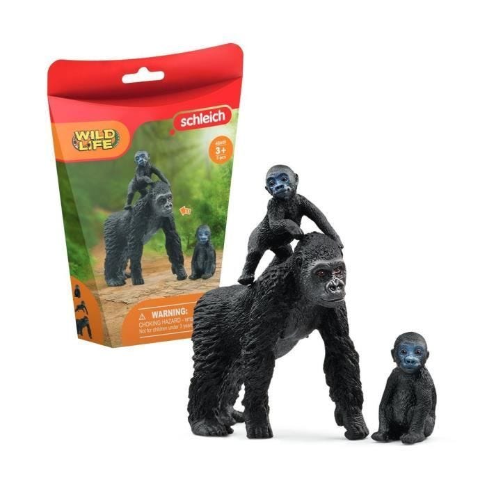 Figurine famille de Gorilles des Plaines, avec 1 maman gorille et ses 2 bébés, pour enfants dès 3 ans - Schleich 42601 Wild life