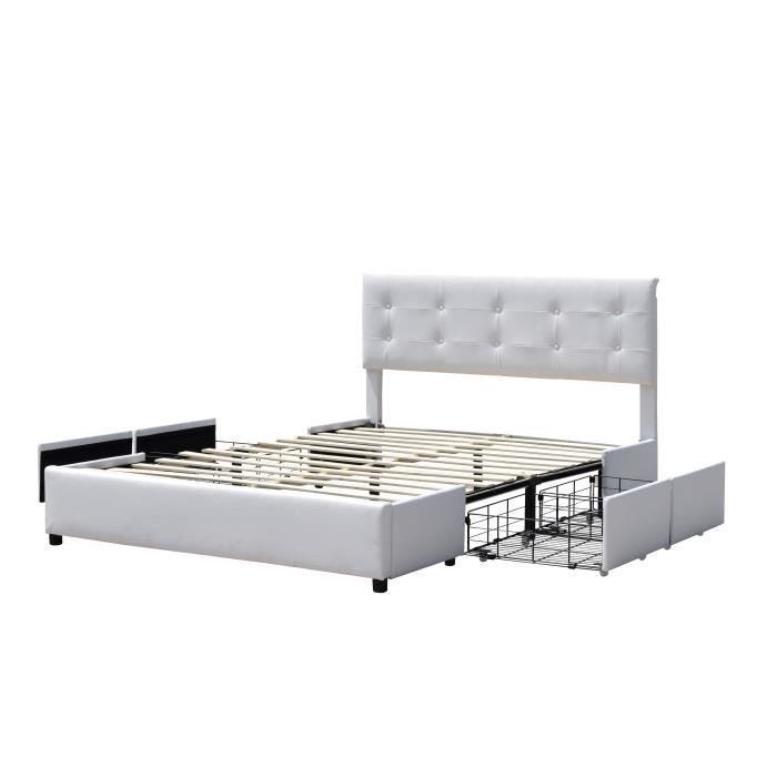 Lit 160x200 - CHLOE - Sommier avec 4 tiroirs - Tête de lit - Couleur BLANC - Design contemporain