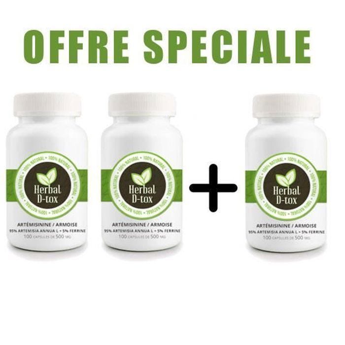 Complément Alimentaire Herbal D-tox Artémisinine ~ Armoise (Artemisia Annua L) 95% + Ferrine 5%, 300 gélules x 500 mg - 2 + 1 OFFERT