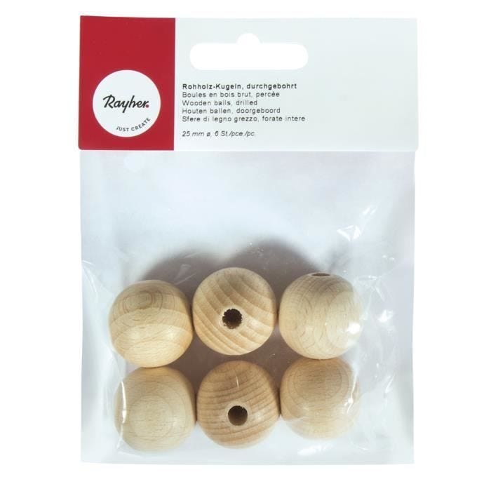 Boules en bois ø 25 mm - percées 6 mm - 6 pièces - Rayher Beige