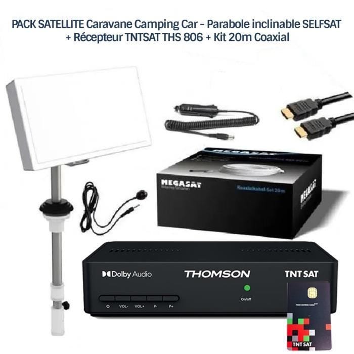 PACK SATELLITE Caravane Camping Car - Parabole inclinable SELFSAT + Récepteur TNTSAT THS 806 + Kit 20m Coaxial