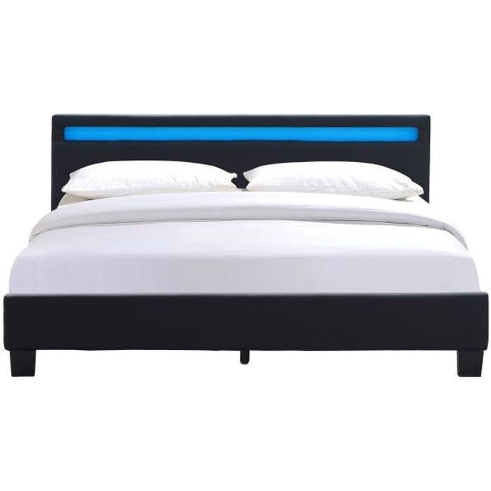 angel - Solide et Confortable Lit 140x190 avec Sommier Tte de Lit avec Eclairage LED Couleur NOIR Pieds en 10