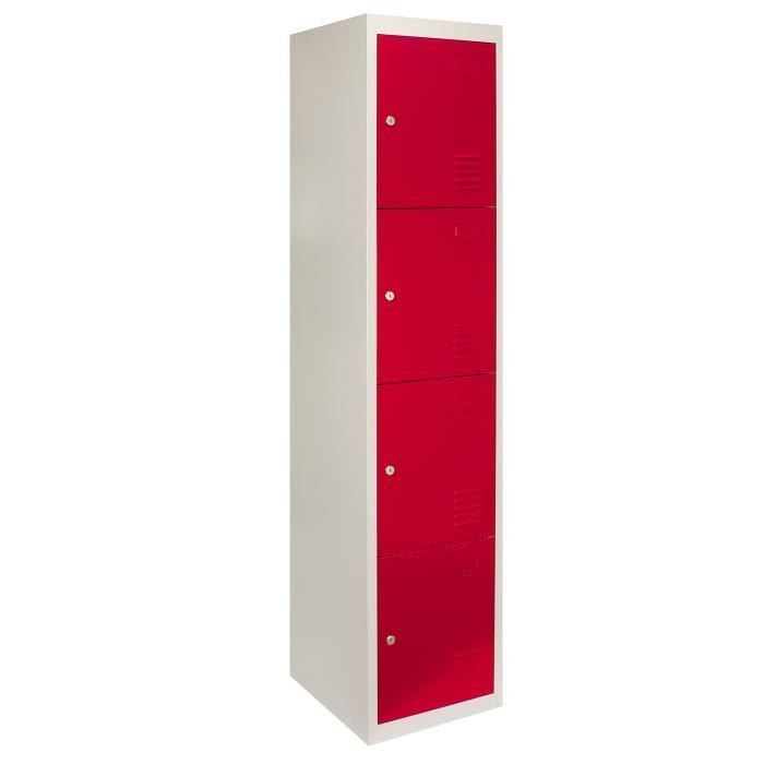 Casier - Métal - 4 Portes - Rouge et Gris - Acier Robuste - Verrouillable