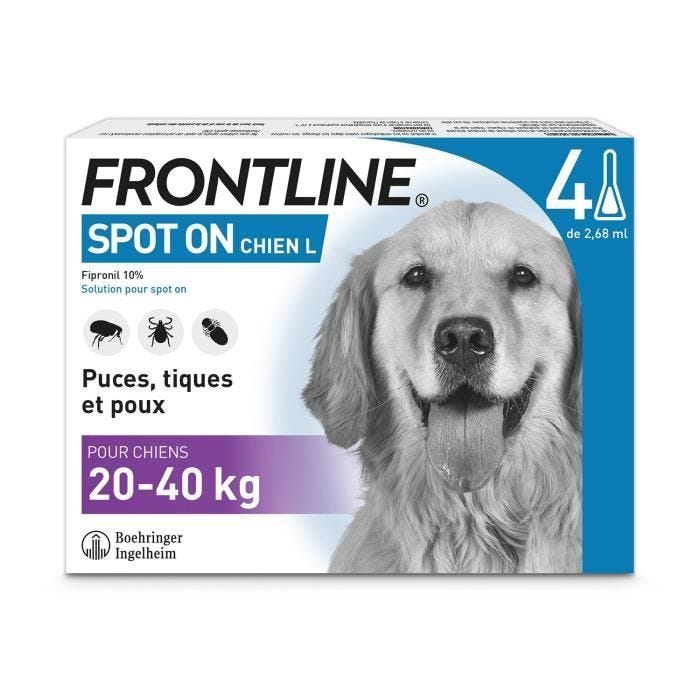 Frontline Spot On chien - Anti-puces anti-tiques pour chien L - 20-40kg - 4 pipettes