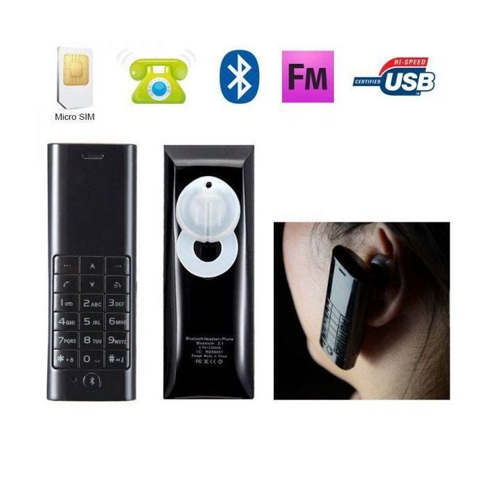 Mini Téléphone Oreillette Bluetooth Autonome Mini Mobile Micro Sim Noir Plastique YONIS